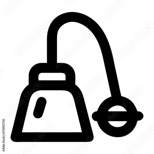 Black and white line art icon of a teabag with a string and tag, a simple symbol for tea, brewing, and hot drinks