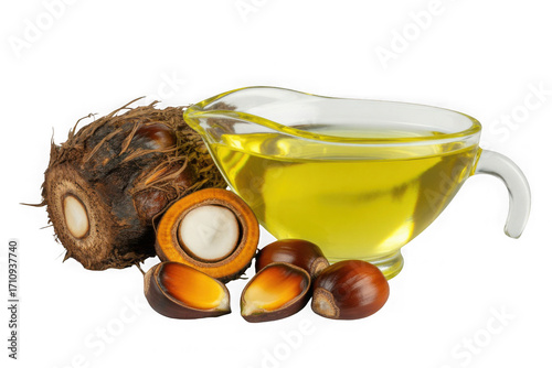 Palm oil with fresh palm nuts Isolated on white Isolated on white and transparent background