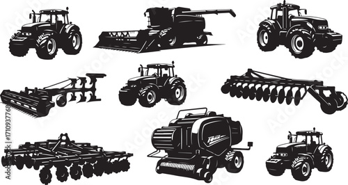 Agricultural Machinery Collection Silhouette of Tractors, Harvesters and Ploughs for Farming and Agriculture