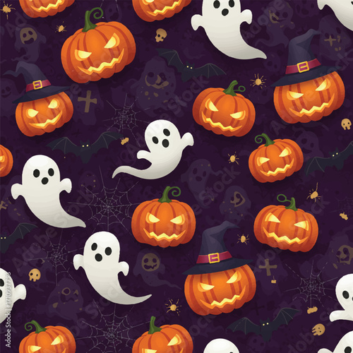 Halloween pattern featuring jack-o-lanterns and ghosts on a dark background with spooky elements in a repeating design.