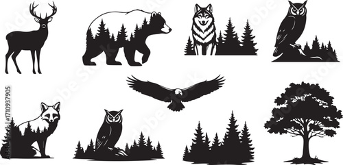 Nature's Majesty A Black and White Silhouette Collection of Woodland Creatures and Towering Trees in an Enchanting Wilderness