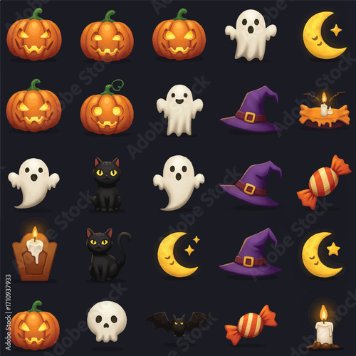 A collection of Halloween-themed emojis including pumpkins, ghosts, witches' hats, candy, moons, and a black cat on a dark background.