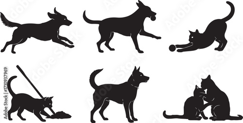 Playful Animal Silhouettes Dogs and Cats in Various Poses of Playfulness and Affection in a Seamless Pattern