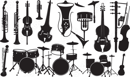 Musical Instruments Ensemble Diverse Instruments Silhouettes A Symphony of Sound Depicted Through Shadows and Shapes Rhythmic Designs with Harmonic Forms