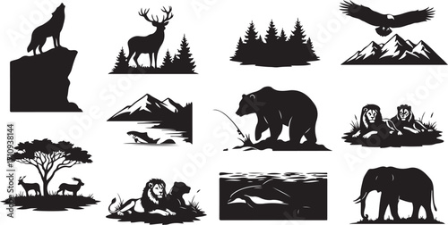 Silhouetted Wildlife and Nature Scenes Diverse Animal Kingdom Depictions in Black and White Vector Graphics Varied Habitats