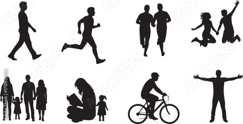 Diverse Activities Silhouettes Showcasing Walking, Running, Jumping, Cycling, Reading, and Family Time in Black and White
