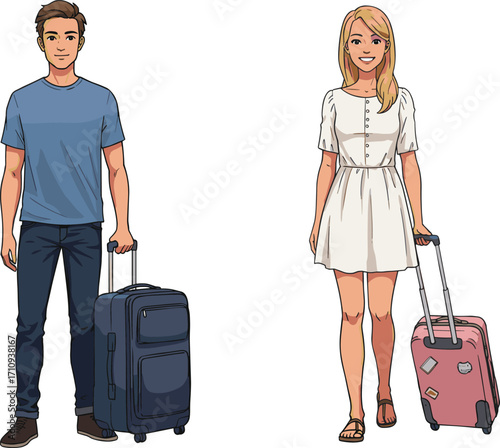 Man and woman travelers with luggage, vacation trip, travel concept, cartoon characters, flat vector illustration, suitcase journey