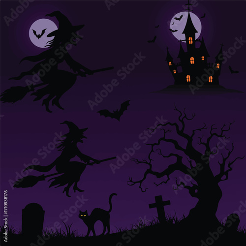 Halloween-themed illustration of witches on broomsticks flying near a haunted house and graveyard at night with a full moon.