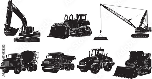 Illustrations of Heavy Construction Equipment Including Excavator Bulldozer Crane Cement Mixer Dump Truck Roller and Skid Steer Loader