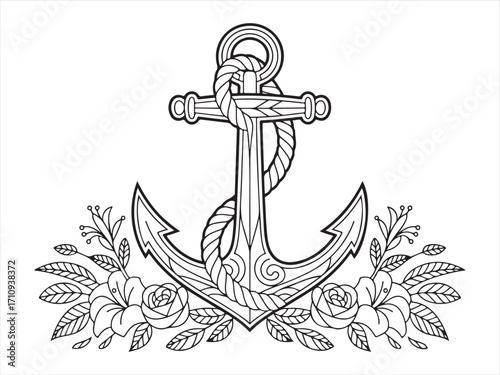 Decorative anchor sketch with rope and laurel wreath in line art style for marine and tattoo artwork