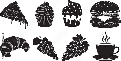 Delicious Food Assortment Featuring Pizza, Cupcakes, a Burger, Croissant, Grapes, and a Steaming Cup of Coffee