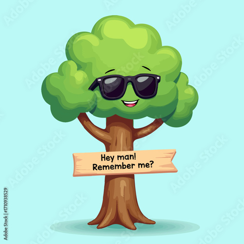 Funny cartoon tree illustration with sunglasses and blank signboard for custom text cute eco friendly poster template