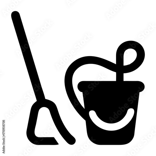 Minimalist line art icon depicting a mop and bucket, a universal symbol for janitorial services, cleanliness, and domestic tasks