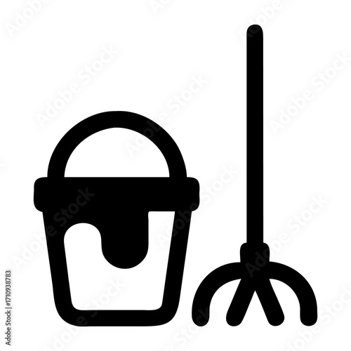 Cleaning Supplies Silhouette Bucket with Liquid and Mop Icon, Cleaning Equipment Clipart
