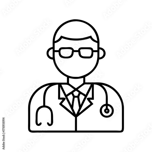 Vector art of line art of a doctor wearing glasses and stethoscope, representing healthcare, medicine, and medical expertise