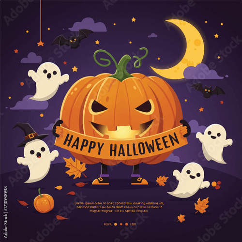 Digital illustration of a jack-o-lantern surrounded by ghosts on a dark purple background with a crescent moon and bats, featuring a Happy Halloween banner.