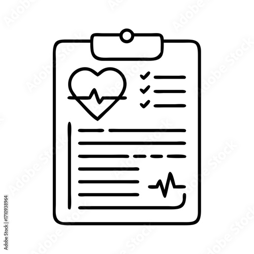 Vector art of medical clipboard with heart and pulse, representing health, diagnosis, and patient care in a simple design