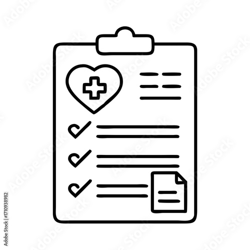 Vector art of medical report healthcare form with heart and cross checklist for patient health insurance document concept