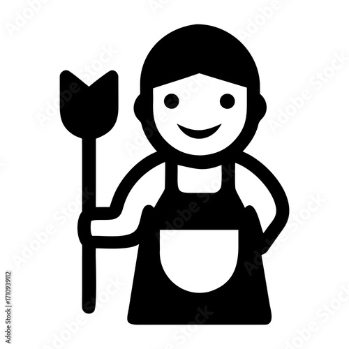 Female Housekeeper Icon Smiling Woman with Broom - Cleanliness, Service, and Household Tasks