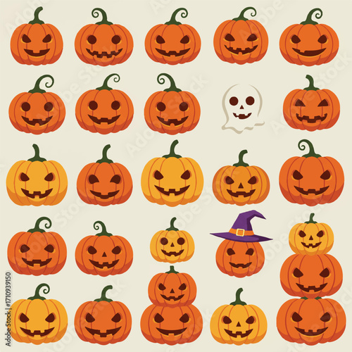 Flat lay of multiple carved pumpkins and Halloween decorations on a beige background with a witch's hat and a ghost.