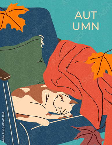 A cozy autumn interior scene with a cat sleeping on an armchair, a blanket, a green pillow and orange maple leaves. Fall vibes. Flat vector illustration for poster, warm home decor and seasonal design