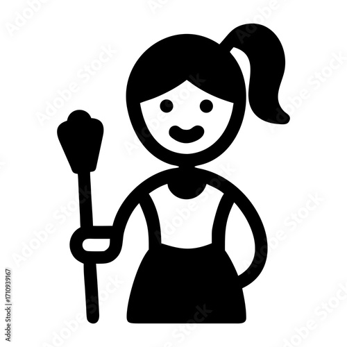 Smiling Maid Cleaning Icon Simple Black and White Illustration