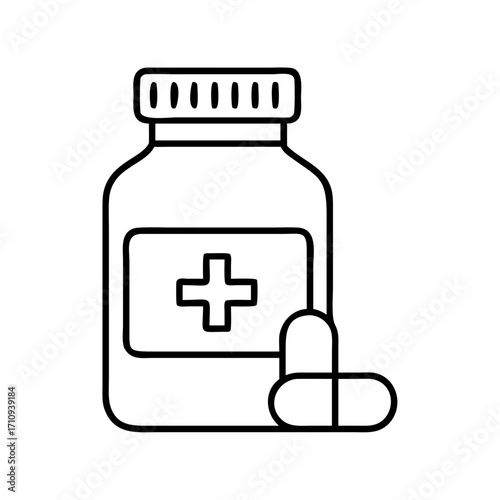 Vector art of pill bottle with capsules, a simple line art illustration for medical or pharmaceutical themes and designs