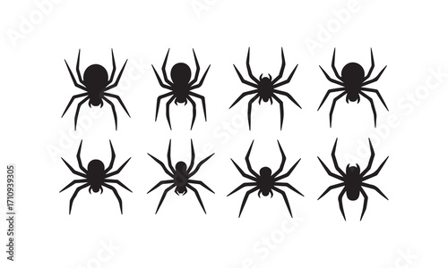 Collection of eight black spider silhouettes isolated on white background