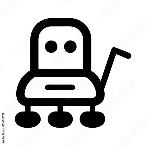 Minimalist vector icon representing a robot or a small vehicle with wheels, designed for simplicity and modern aesthetics