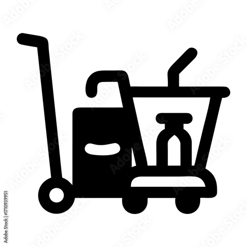 Simple illustration of a trolley cart carrying luggage and a bottle for shopping or travel purposes