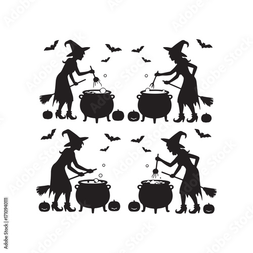 Four halloween witch silhouettes brewing potions isolated on white background