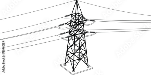 High voltage electricity transmission tower with power lines and insulatorsHigh voltage electricity transmission tower with power lines and insulators