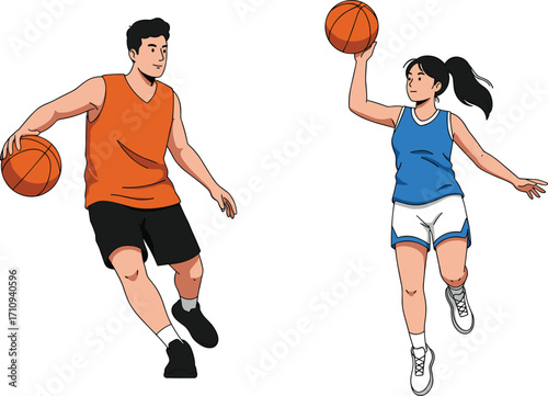 Basketball players in action, male and female athletes playing basketball, dynamic sports illustration, vector cartoon characters