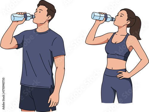 Man and woman drinking water after workout, fitness hydration, healthy lifestyle, flat vector illustration, sporty people