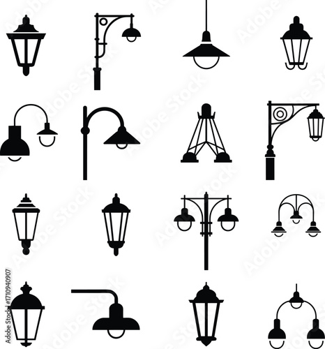 Vector collection of vintage and modern street lamps and light fixtures in black silhouetteVector collection of vintage and modern street lamps and light fixtures in black silhouette