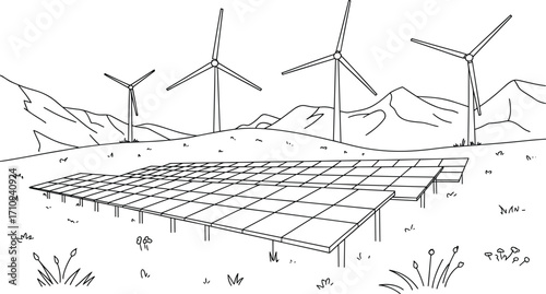 Vector illustration of renewable energy landscape with solar panels and wind turbines setVector illustration of renewable energy landscape with solar panels and wind turbines set
