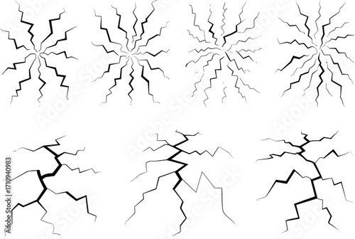 Vector set of crack and fissure illustrations with various shapes and thicknesses for design.Vector set of crack and fissure illustrations with various shapes and thicknesses for design.