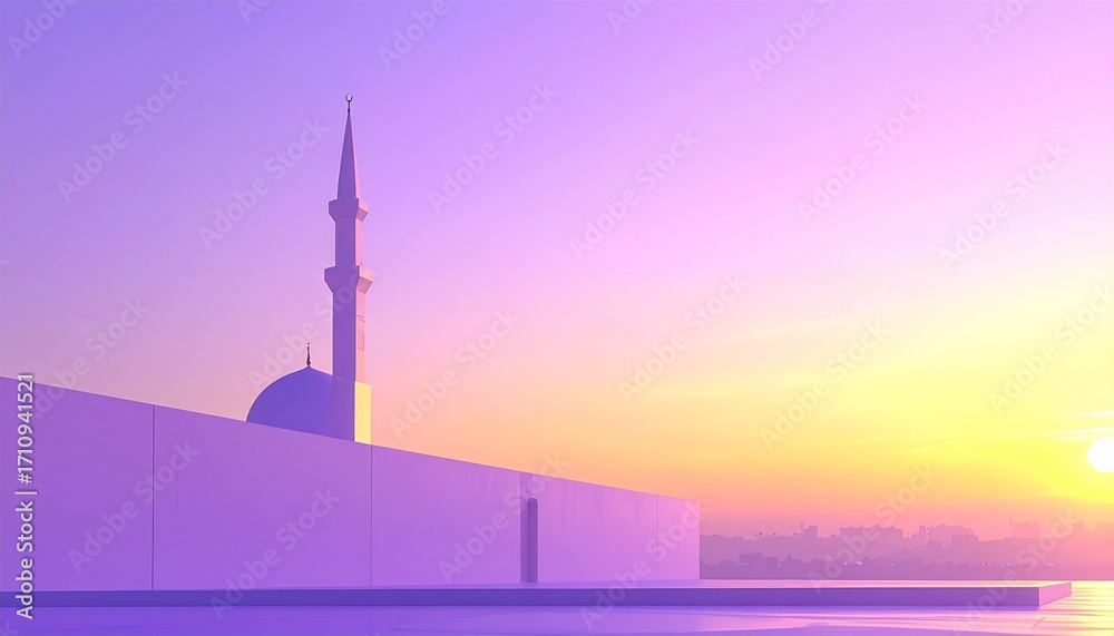Obraz premium Minimalist modern mosque tower, dawn sky from lavender to gold.