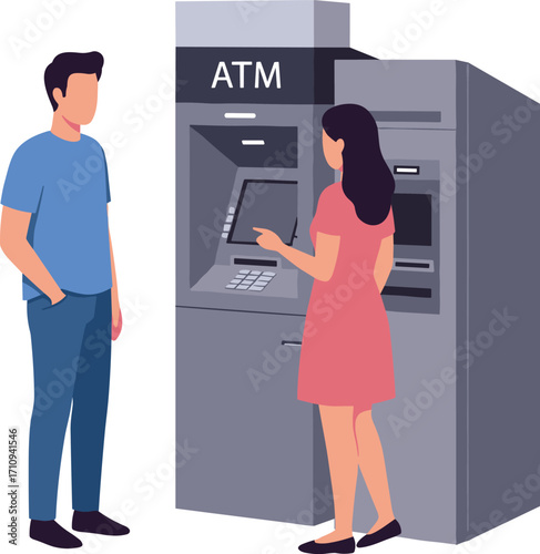 People using ATM machine, woman withdrawing cash, man waiting nearby, flat vector illustration, modern banking concept