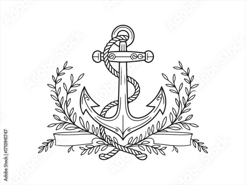 Editable line style anchor illustration with rope and laurel wreath, nautical maritime design, vintage decorative sketch for sailing, navy, tattoo art, marine heritage, adventure, and coloring book co