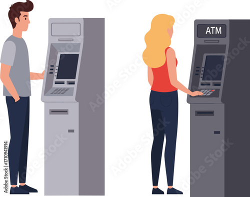 Man and woman using ATM machine, flat vector illustration, modern banking, financial transaction, digital cash withdrawal, isolated on white background