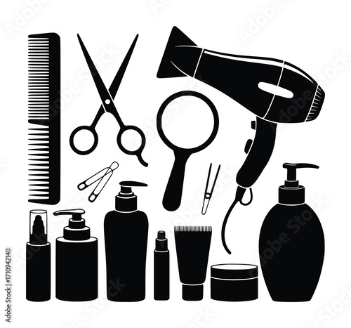 Black Silhouette Icons of Hairdressing and Beauty Tools