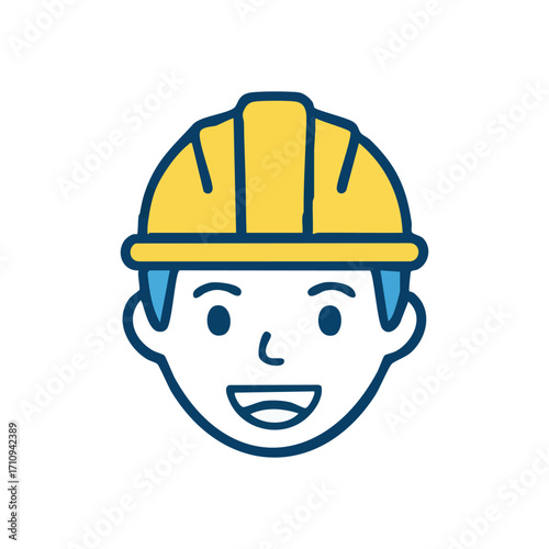Smiling Tradesman Safety Icon. A jovial laborer sporting a bright yellow hardhat. This cheerful graphic signifies diligence, protection, and positive professional endeavors.