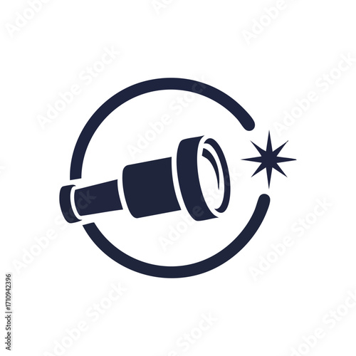 Spyglass and Star Discovery Icon. A sleek optical instrument points toward a sparkling light. This minimalist emblem represents foresight, exploration, and finding new opportunities.