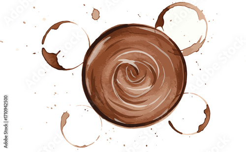 Swirling chocolate splash with rings and droplets on transparent background