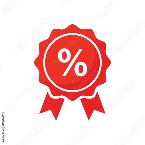 Red Sale Percentage Badge Symbol. Vibrant scarlet rosette with a prominent percent sign. This emblem signifies great promotional opportunities, special deals, and attractive price reductions for.