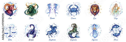 Colorful zodiac signs illustrated in a whimsical style, featuring astrological symbols and characters representing each sign, perfect for astrology enthusiasts and decorative purposes