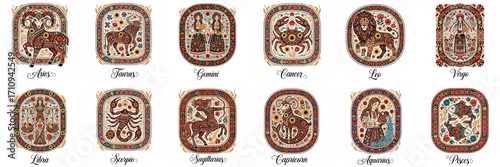 Colorful zodiac signs illustrated in intricate patterns, showcasing astrological symbols and vibrant designs, representing various personalities and traits in a decorative format