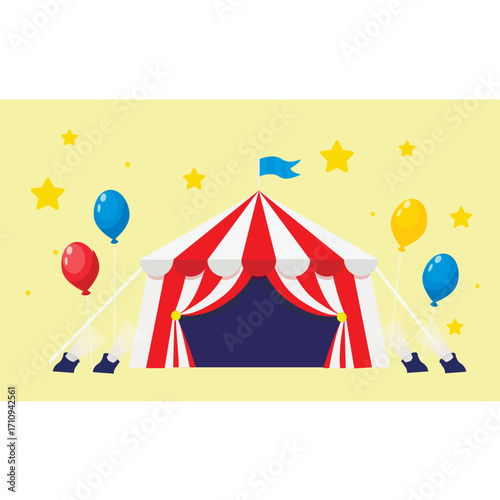 Circus tent in red and white, surrounded by stars, balloons and spotlights.