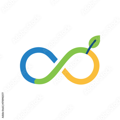 Endless Eco Infinity Loop Icon. Vivid eternal figure in blue, green, and amber, featuring a fresh plant. It conveys perpetual cycles, ecological balance, and enduring environmental progress.